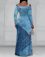 Cutout Off-shoulder V-neck Denim Patch Print Long Sleeve Bodycon Party Dress