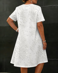 2D White Flower Print Loose Plain Shirt Dress