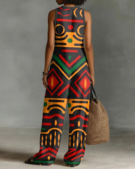 Reggae Geometric Print Linen Blend Sleeveless Jumpsuit With Zipper And Stand Collar