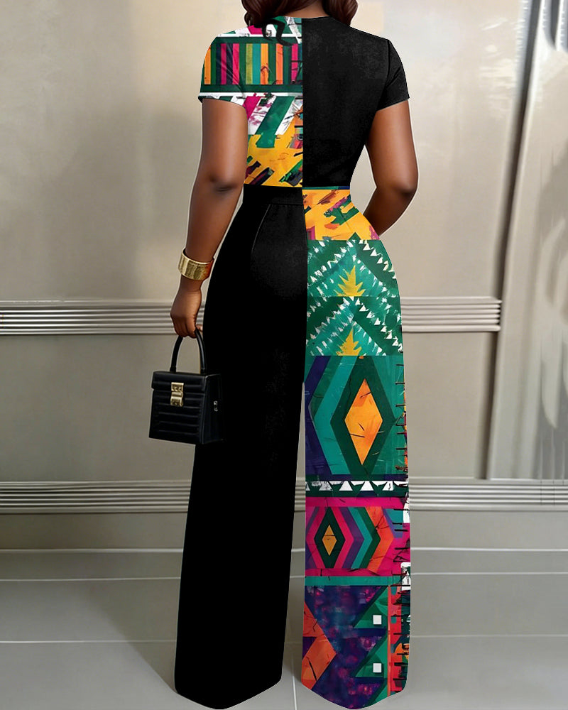 Geometric Pattern Print Patchwork Print High Waist Wide-leg Women's Two-piece Set