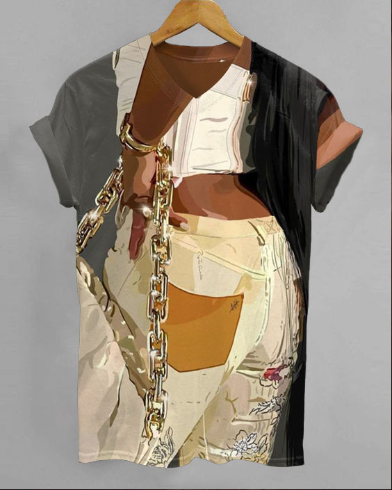 Brown Girls Bag Art V-neck Short Sleeve Tshirt