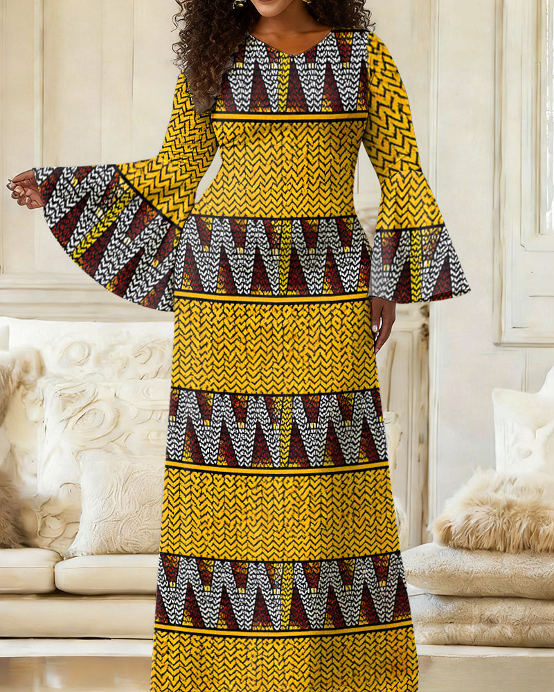 African Ethnic Tribal African Bell-Sleeve Vertical Stripe Slim Fit Dress