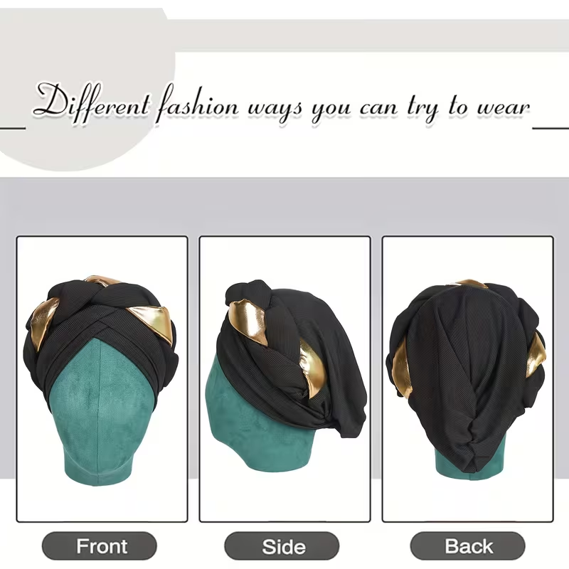 Elegant Pre-Tied Boho Turban Cap with Golden Accents