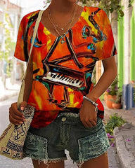 Comstylish Jazz Music Oil Painting  V-Neck T-Shirt