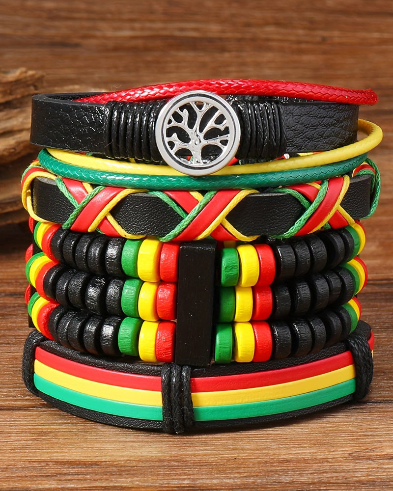 Jamaican Reggae Color Peace Tree Multi-piece Wooden Bead Bracelets