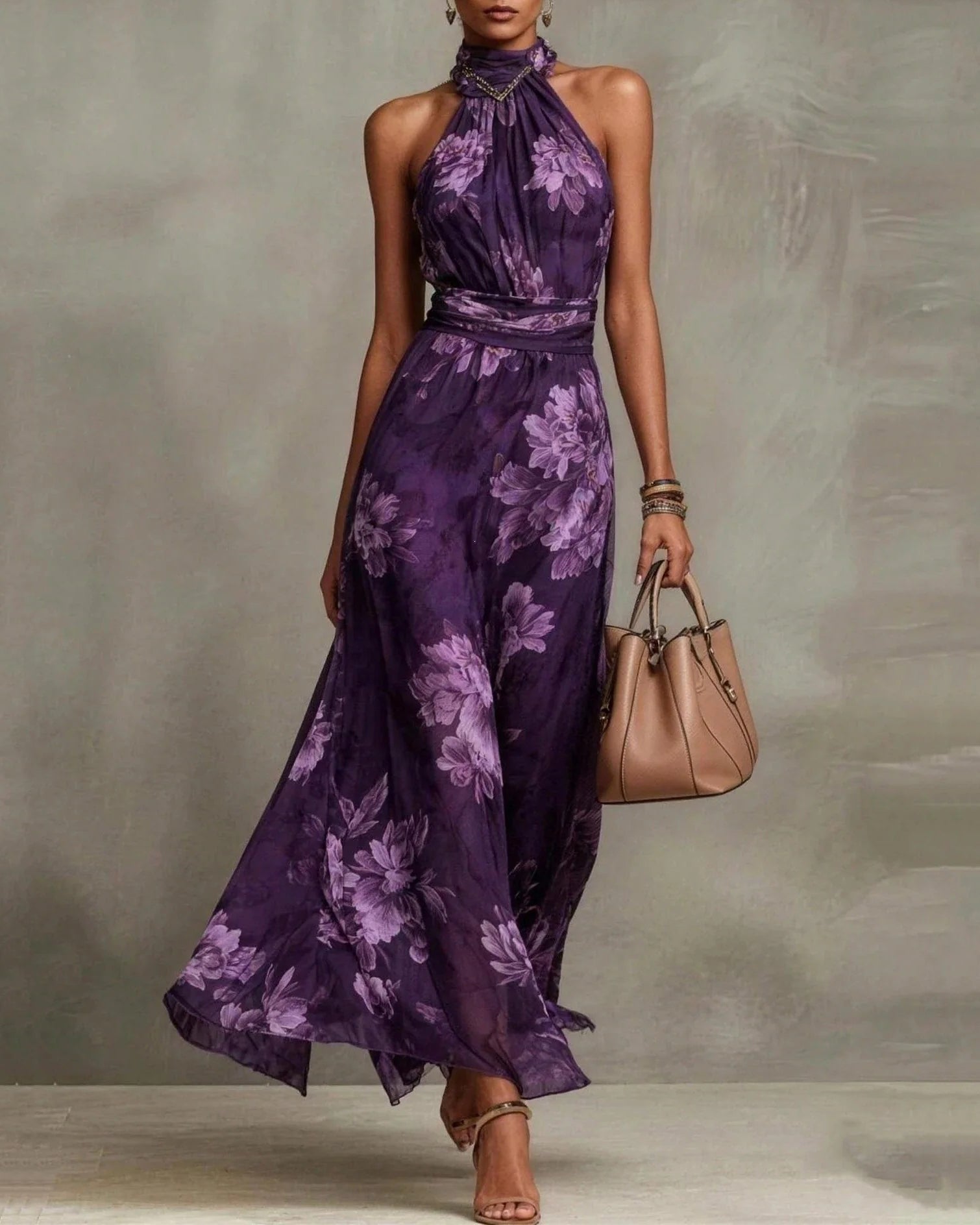Chiffon Flowers Sleeveless High Waist Floral Print Maxi Dress