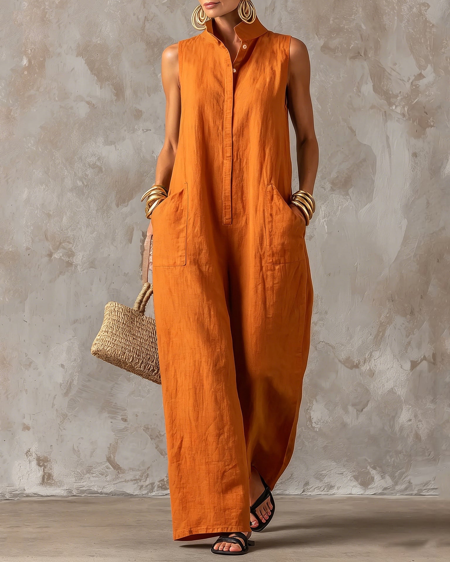 Stand-up Collar Sleeveless Linen Button-down Loose Wide-leg Jumpsuit