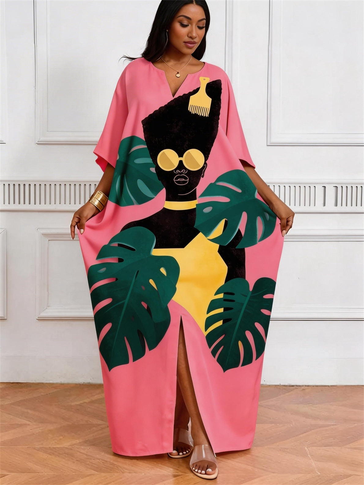 Pink Bamboo Black Print V-Neck Elegant Dress