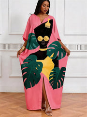 Pink Bamboo Black Print V-Neck Elegant Dress