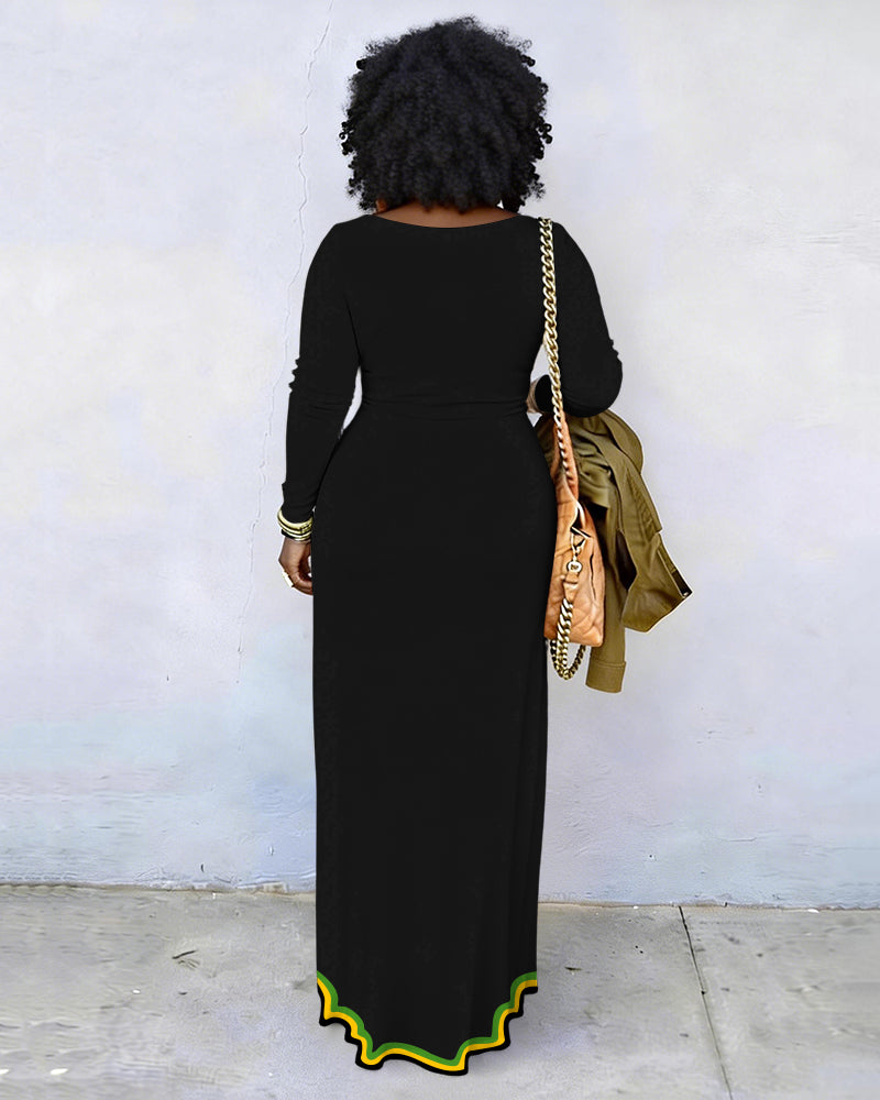 African Geometric Print Crew Neck Long Sleeve Dress