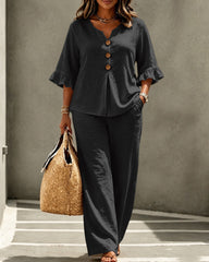 V-neck Ruffled Three-quarter Sleeve Top and Trousers Two-piece Set