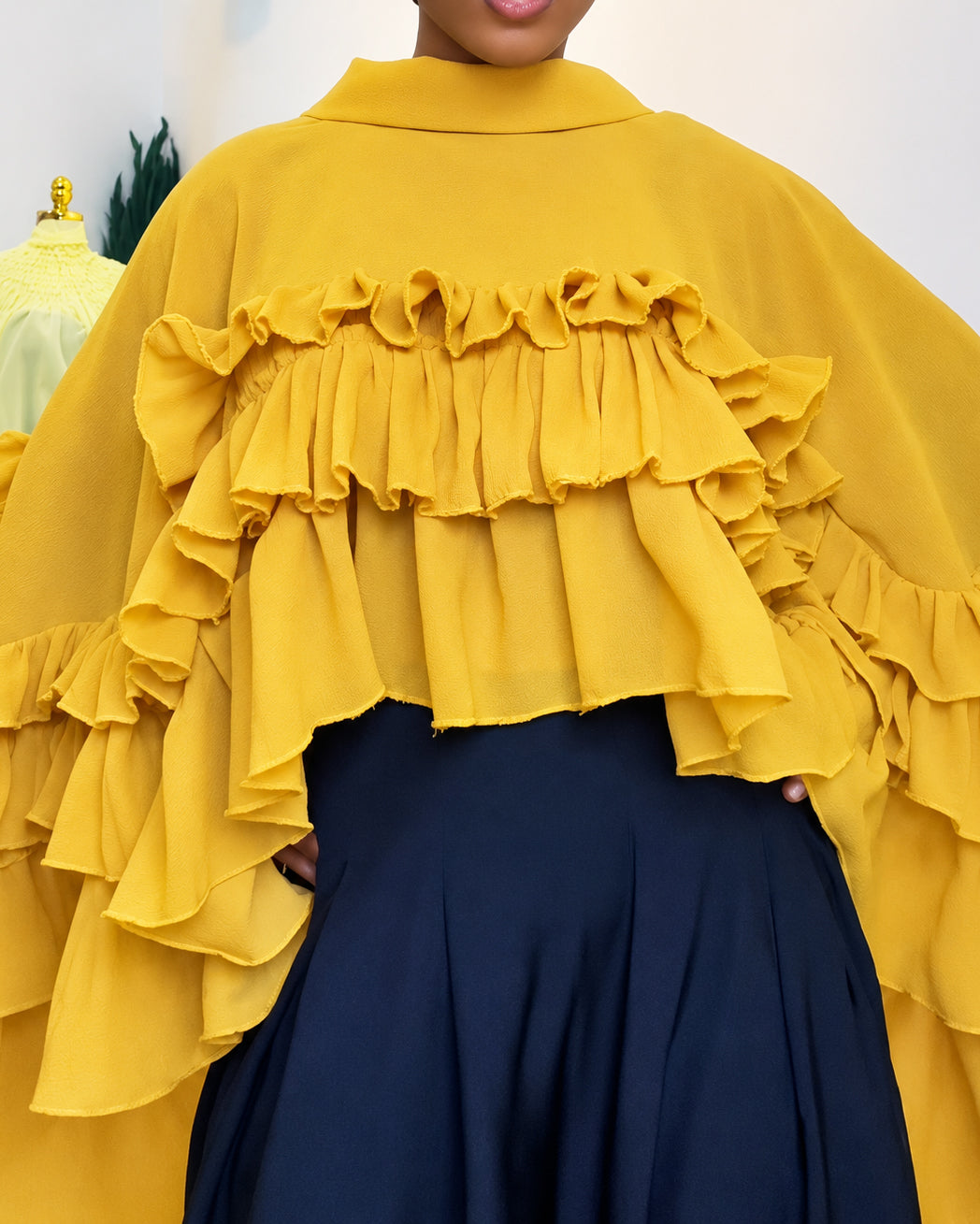 Mock Neck Tiered Ruffle Chiffon Cape Long Blouse