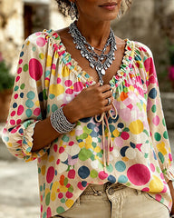 Irregular Colored Polka Dots Lace Up Blouse