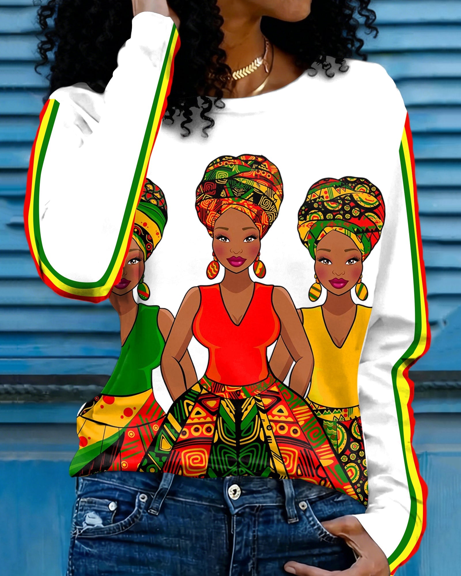 Retro Black Women's Reggae Stripes Crew Neck Long-sleeved T-shirt
