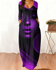 V Neck Sexy Women Striped Art Long Sleeves Maxi Dress