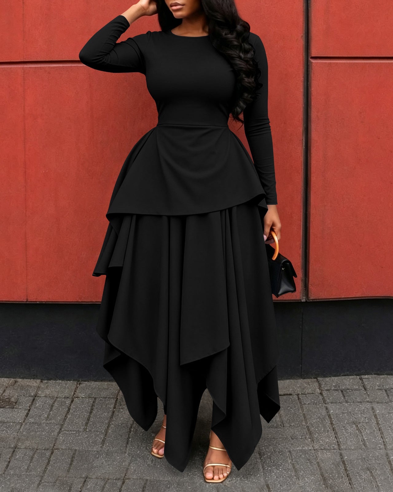Elegant Long Sleeve Round Neck Layered Irregular Hem Maxi Dress