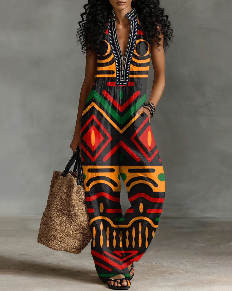 Reggae Geometric Print Linen Blend Sleeveless Jumpsuit With Zipper And Stand Collar