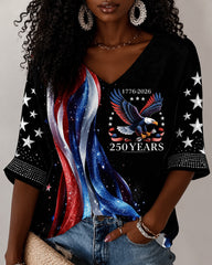 America 250th Patriot Eagle Print V-neck Half Sleeved Loose Top