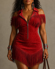 Vintage Suede Zip Lapel Off-Shoulder Tassel Mini Dress