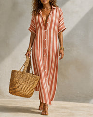 Stylish Short-sleeved Loose-fitting Casual Striped Shirt Dress