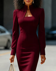 Stand Collar Knee-Length Long Sleeve Dress