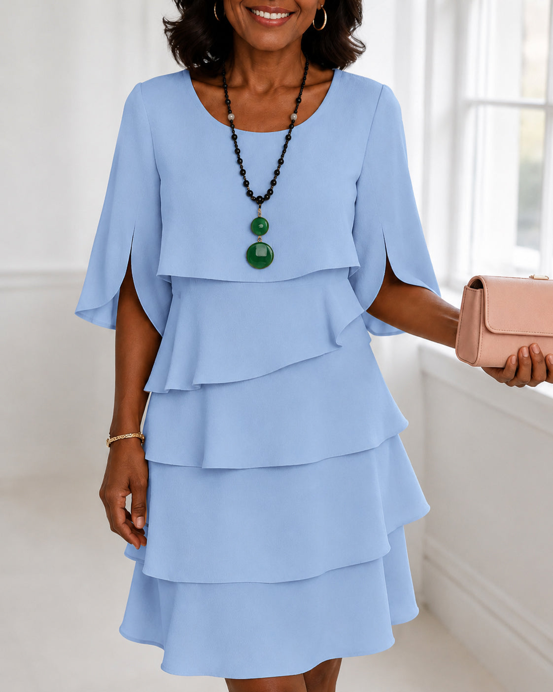 Round Neck Elegant Layered Ruffle Dress