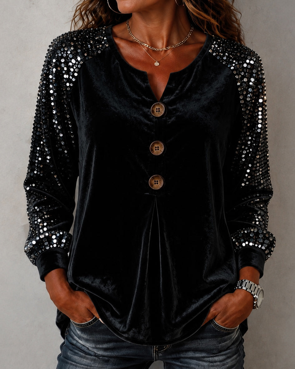 Velvet Sequin Raglan Long Sleeve Blouse