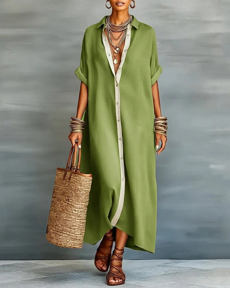 Button-down Collar Striped Color-blocked Cotton Linen Shirt Dress
