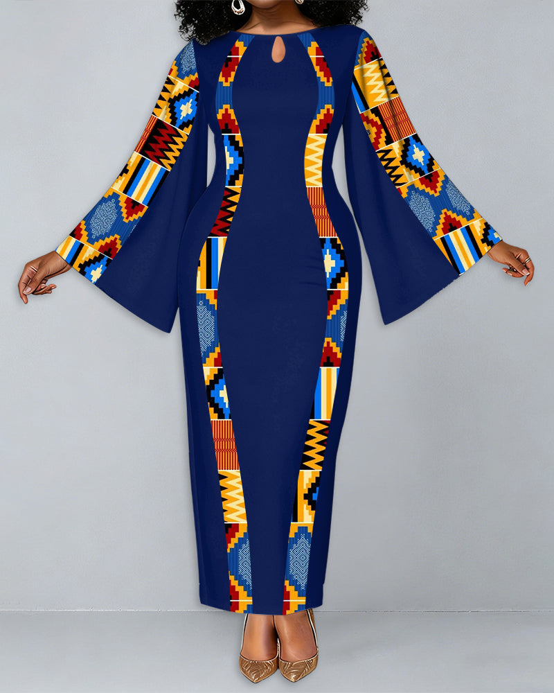 Ankara Printed Patchwork Round Neck Bell Sleeve Bodycon Long Dress