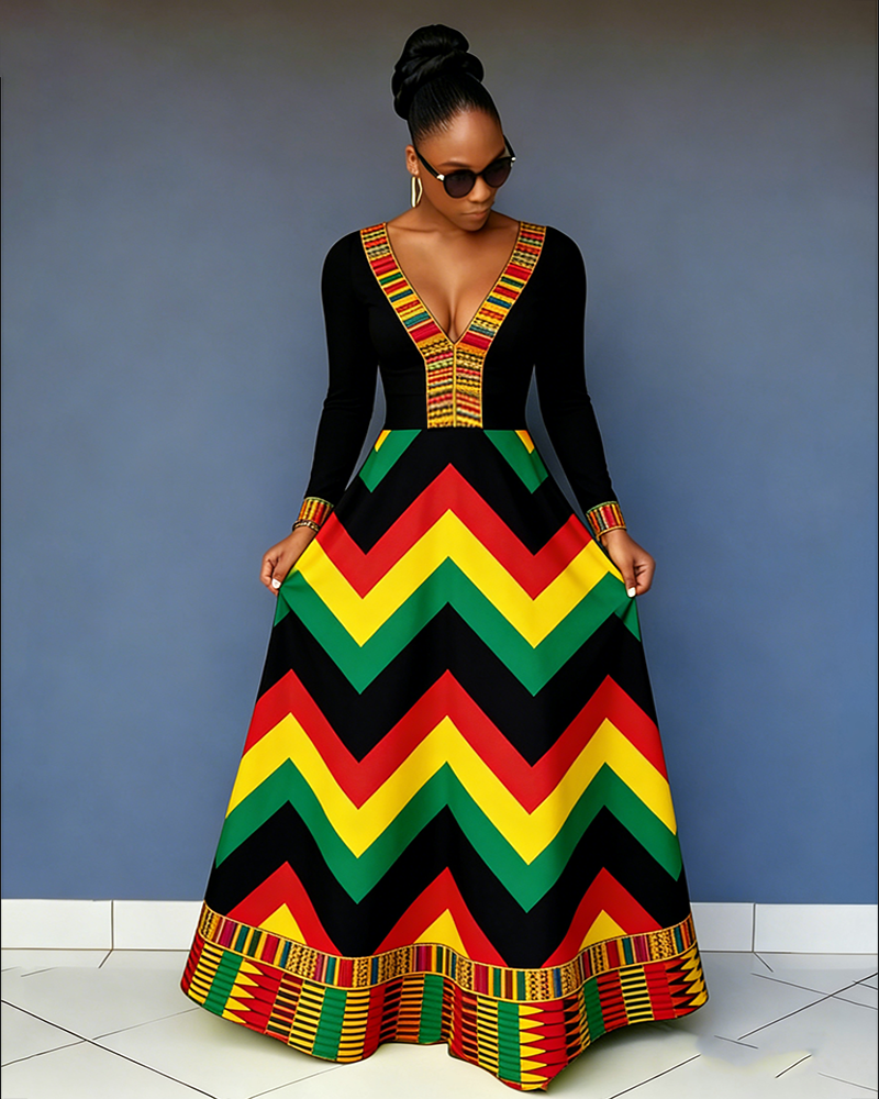 V-Neck Reggae-colored African Prints Long-Sleeved Pocket Maxi Dress
