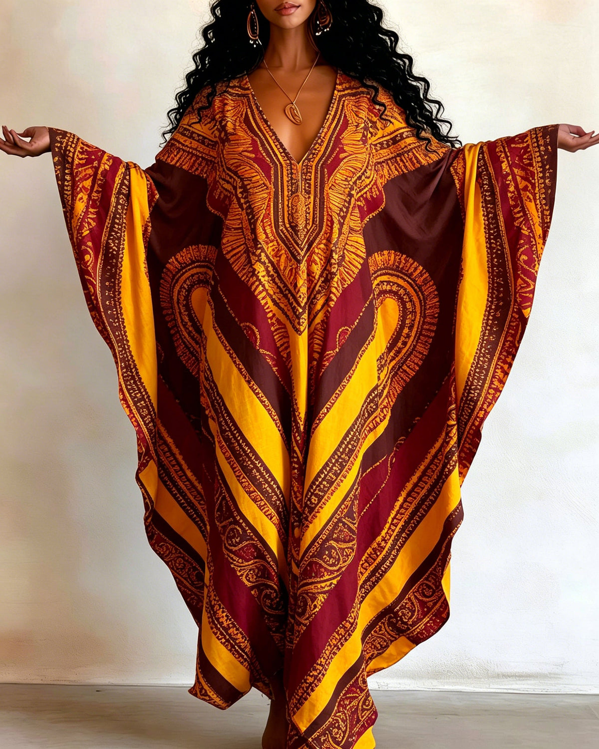 Ankara Striped Color Blocking V-neck Long Kaftan Dress