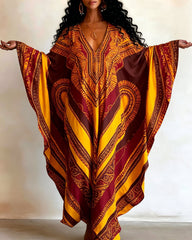 Ankara Striped Color Blocking V-neck Long Kaftan Dress