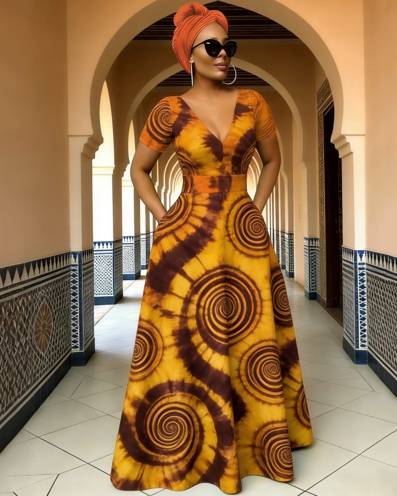 V Neck Tie-dye Spiral Print Short Sleeves Pocket Maxi Dress