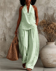 Simple Vertical Stripes V-neck Cotton Linen Vest and Wide-leg Pants Two-piece Set