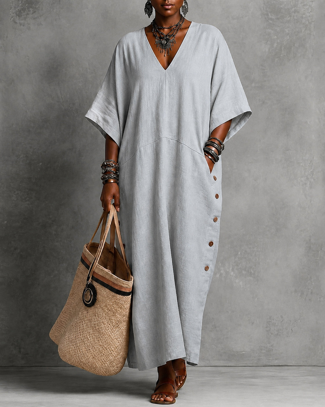 V-neck Solid Color Loose Dress