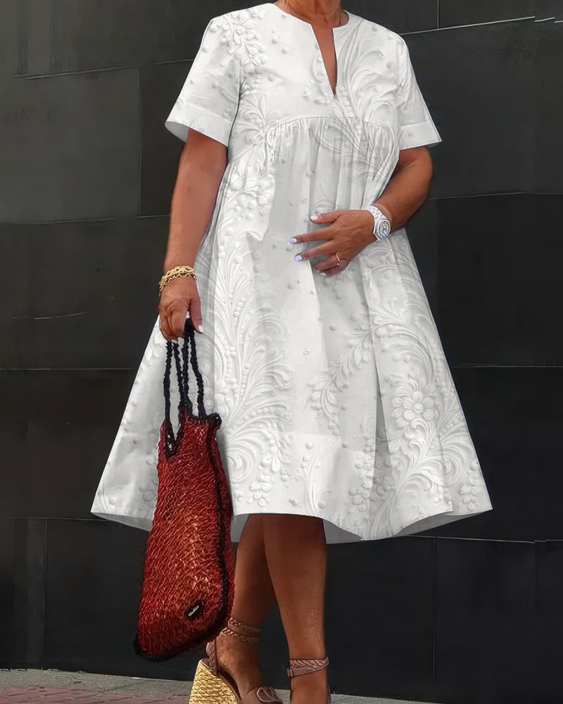 2D White Flower Print Loose Plain Shirt Dress