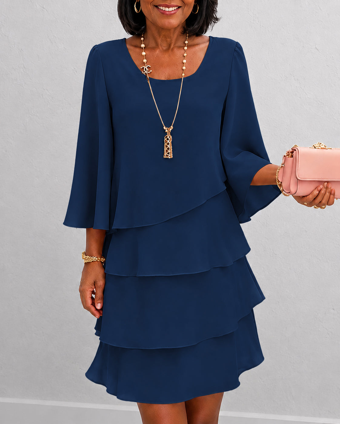 Round Neck Three-quarter Sleeves Elegant Layered Ruffle Dress