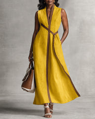 Women's Color Block Sleeveless Stand Collar Linen Blend Dress