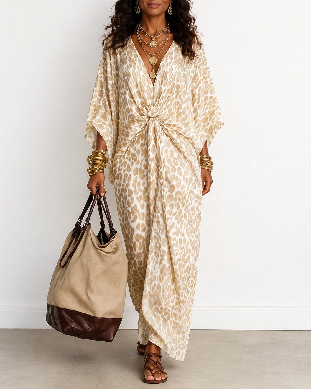V-Neck Batwing Sleeves Ruched Waist Leopard Print Maxi Dress