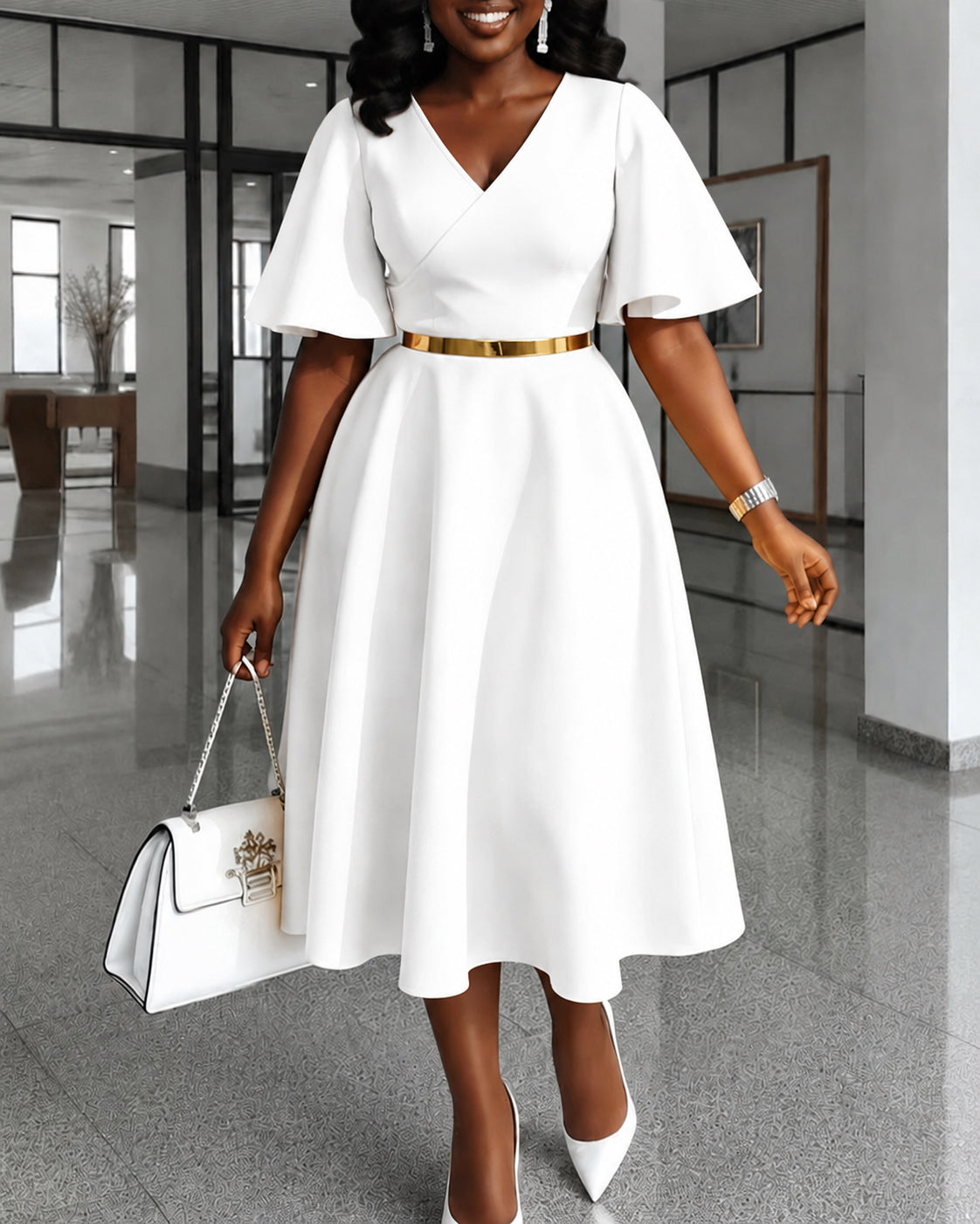 V-Neck Flared Sleeve Midi Swing Dress