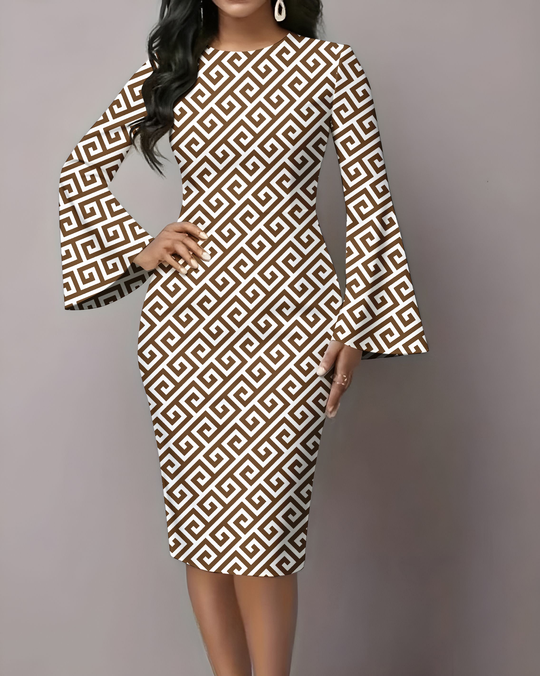 Geometric Curves Flared Sleeves Mini Dresses