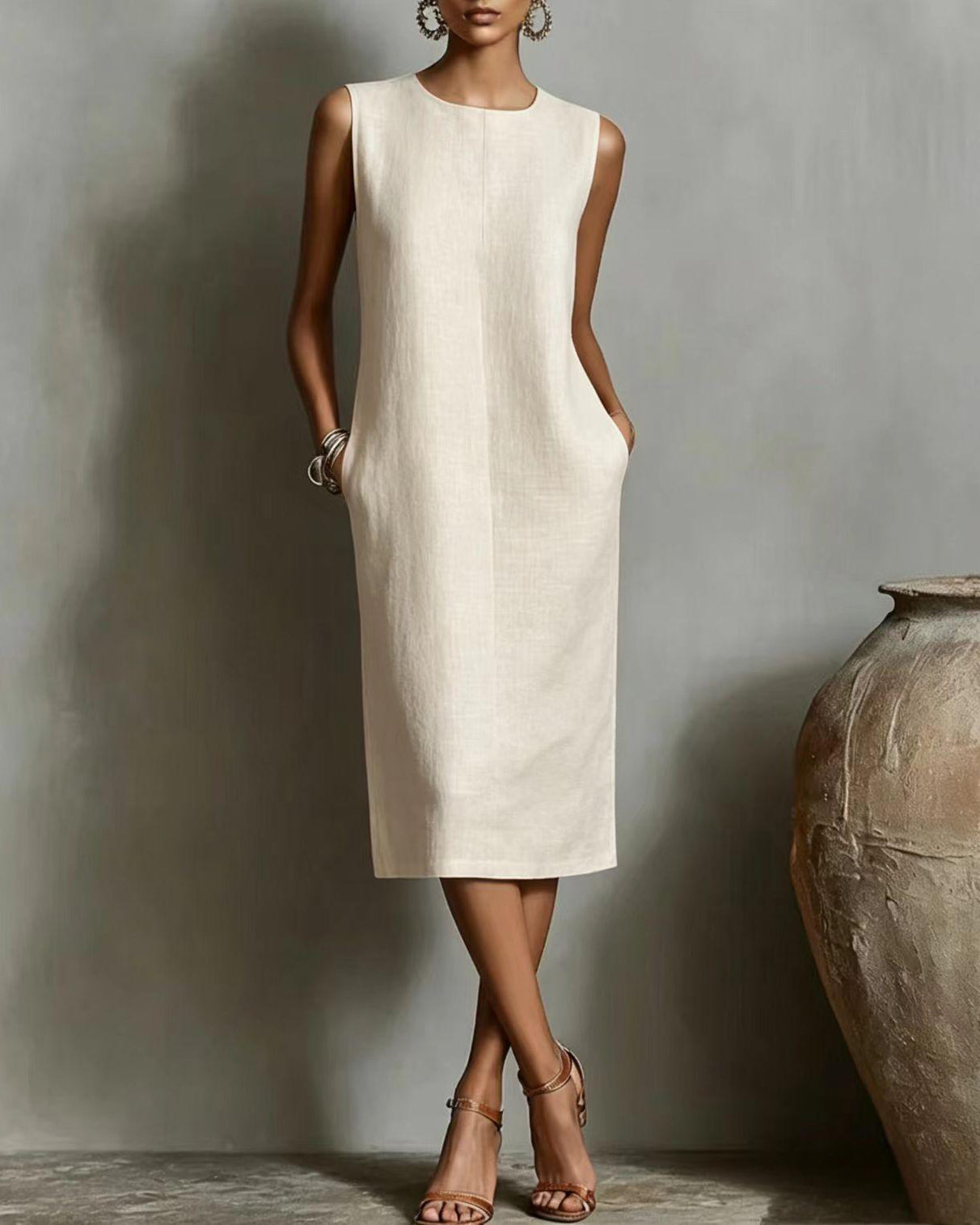 Silk Casual Solid Tailored Sleeveless Midi Dress