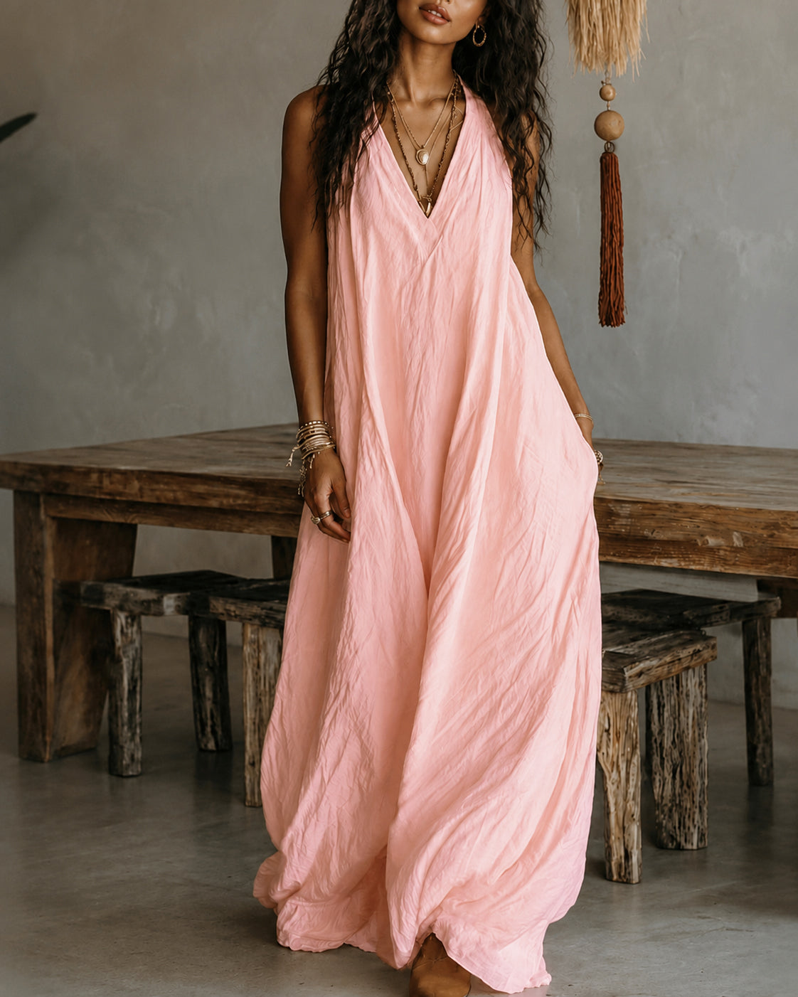 V-neck Sleeveless Solid Color Loose-fitting Maxi Dress