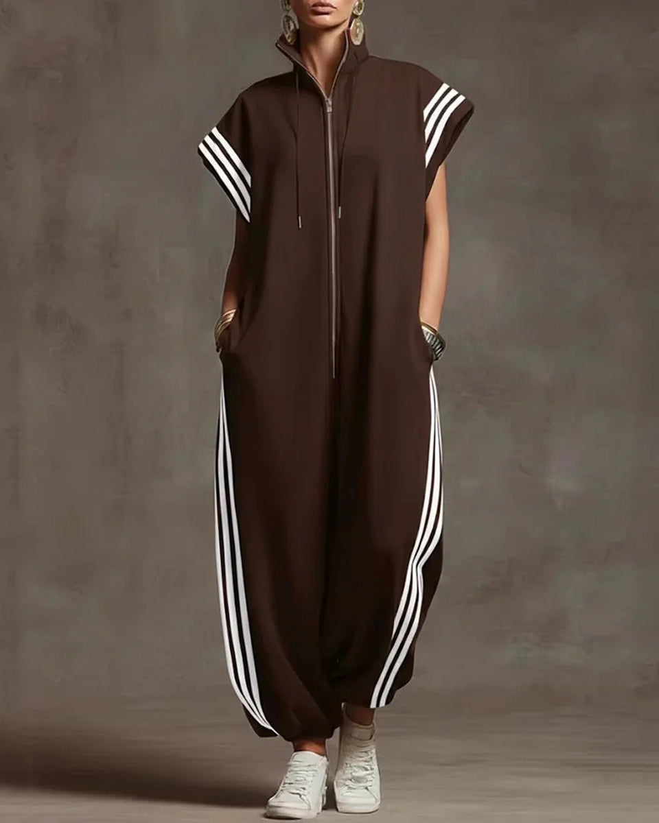 Contrast Color Pockets Split-Joint Striped Zipper Stand Collar Jumpsuits
