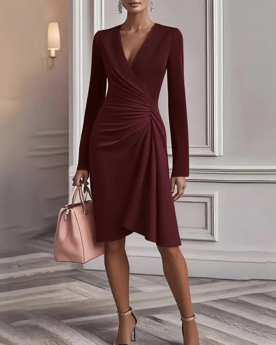 V-neck Fitted Waist Pleated Solid Color Long-sleeved Dress