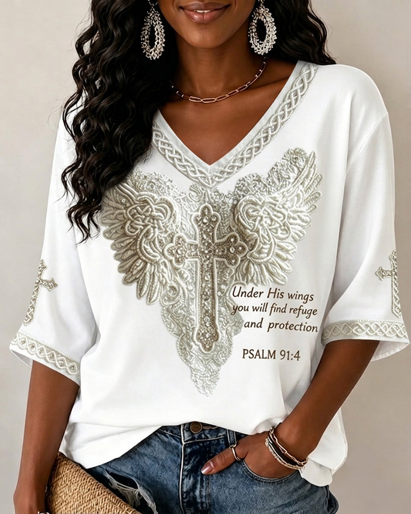 Christian Cross Wings Print V-neck Half Sleeved Loose Top