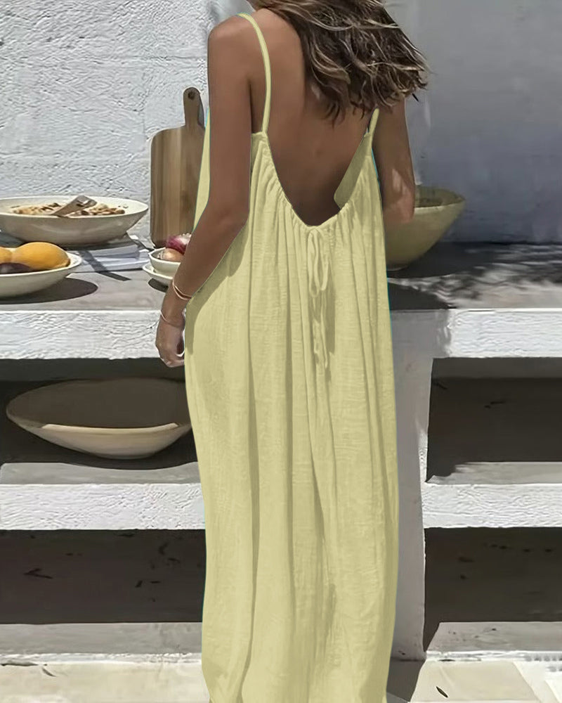Casual Beach Vacation Holiday Backless Drawstring Adjustable Waist Long Dress