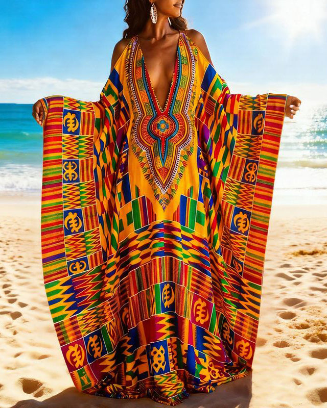 Ankara Adinkra Symbol Gye Nyame Off-shoulder V-neck Long Kaftan Dress