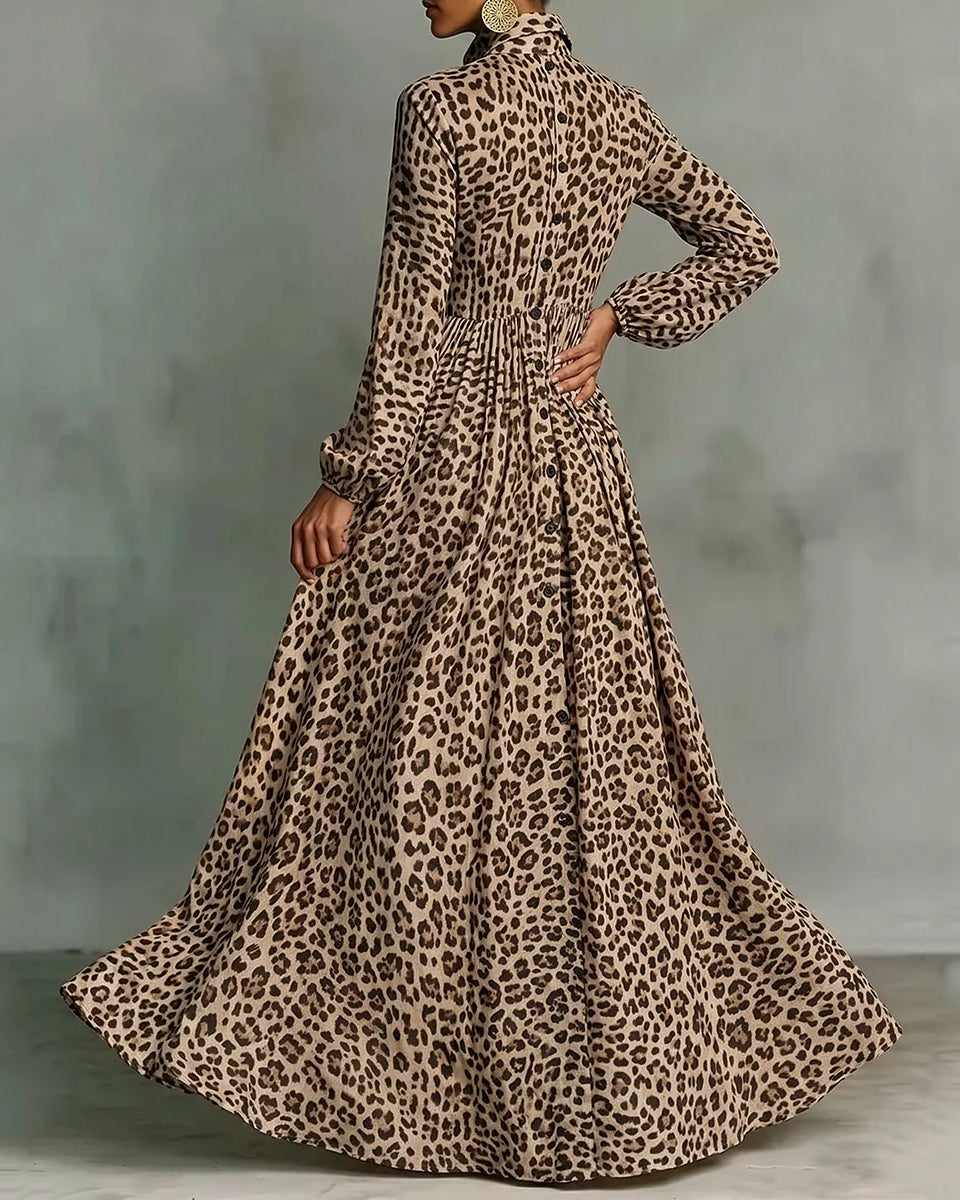 Long Sleeves Buttoned Contrast Color Leopard Pleated Pockets Lapel Maxi Dresses