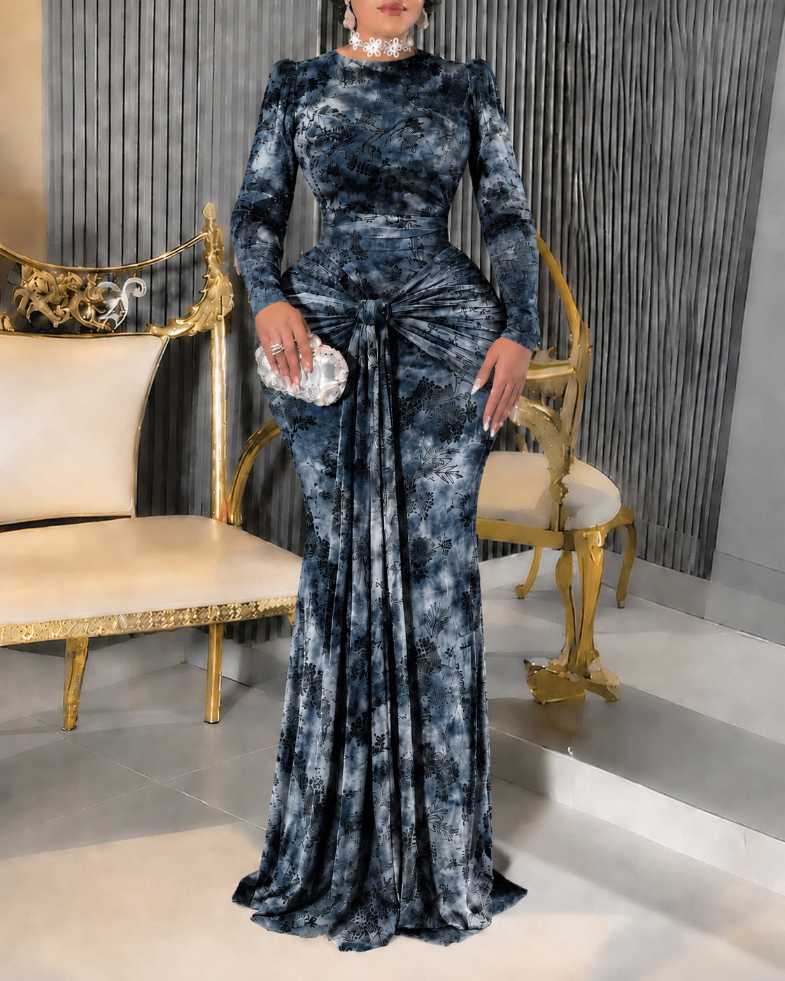 Elegant Floral Printed Long Sleeve Mermaid Maxi Dress